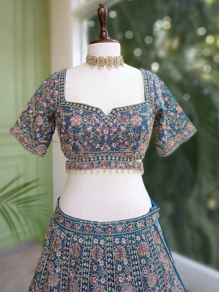 Regal Twilight Firozi Net Lehenga with Zari and Sequin Work