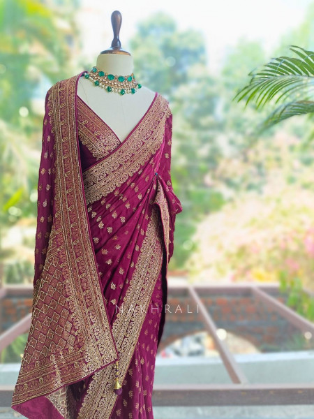 Ratnavali Wine Georgette Silk Saree with Woven Border