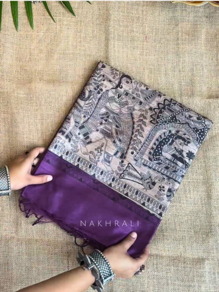 Kriti Tusser Purple Madhubani Saree