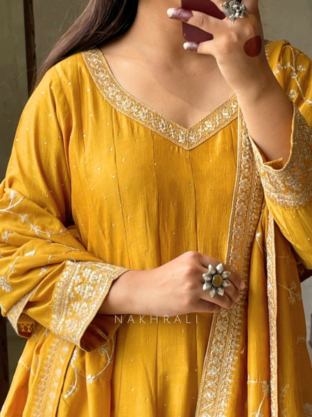 Golden Glow Mustard Anarkali Suit with Zari & Sequin Work