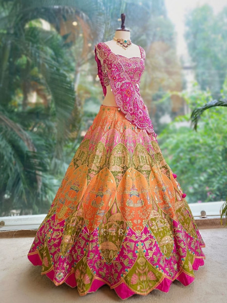 Vivira Pink & Orange Banarasi Lehenga with Zardozi Work