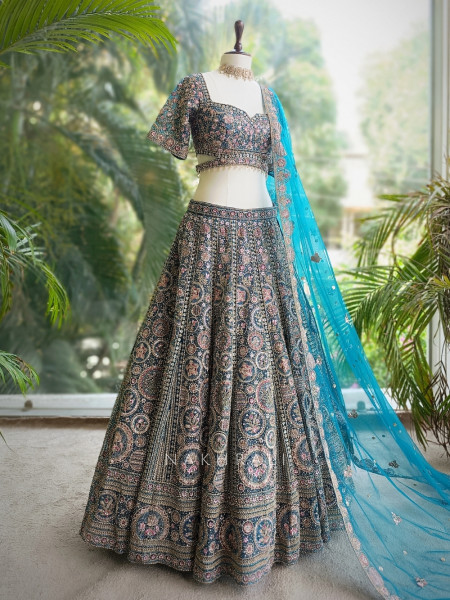 Regal Twilight Firozi Net Lehenga with Zari and Sequin Work