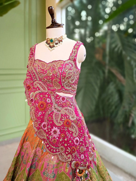 Vivira Pink & Orange Banarasi Lehenga with Zardozi Work