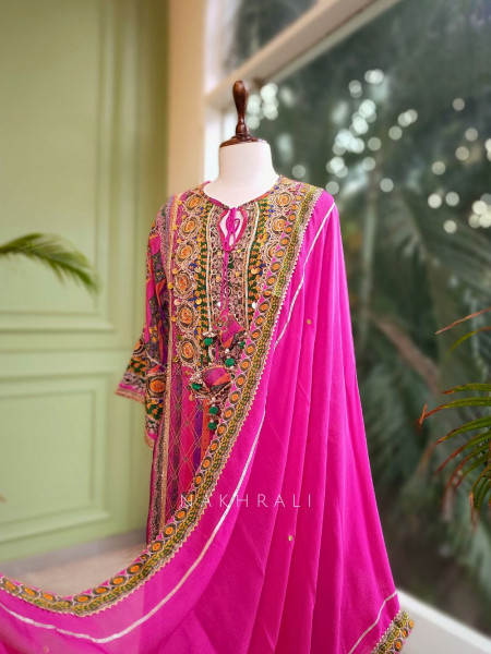 Aabroo Magenta Kurta Palazzo Set with Embroidered Detailing