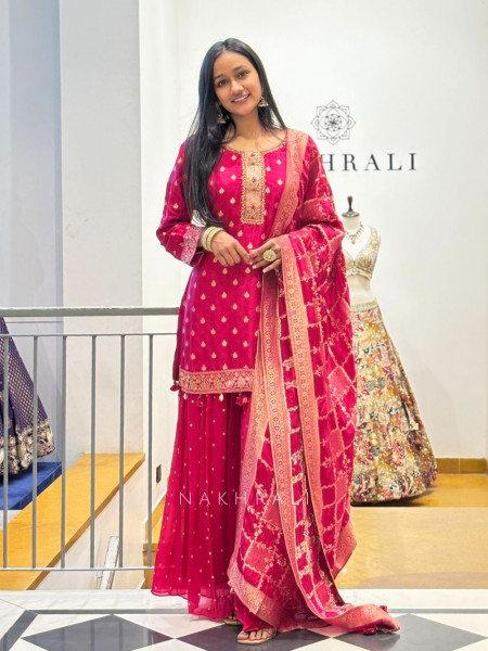 Aaradhya Maroon Kurta Palazzo Set with Zari Work & Brocade Dupatta