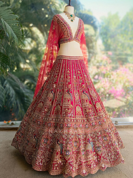 Rajvanya Red Unstitched Lehenga Set with Zari, Bead and Sequin Work