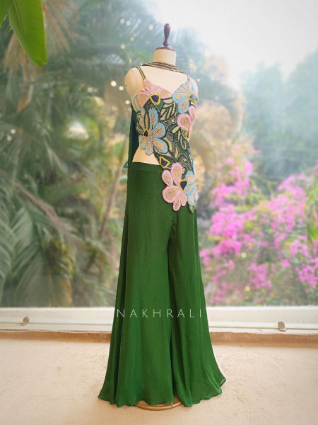 Yevira Green Bead Embellished Crop Top Palazzo Set with Dupatta