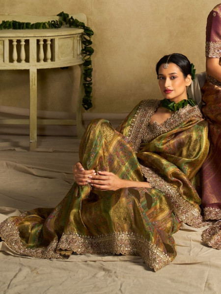 Parisa Green Tissue Dola Silk Saree with Heavy Zardozi Border