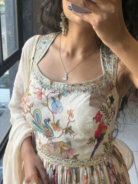 Zarvella Cream Anarkali with Artistic Printed Work and Dupatta