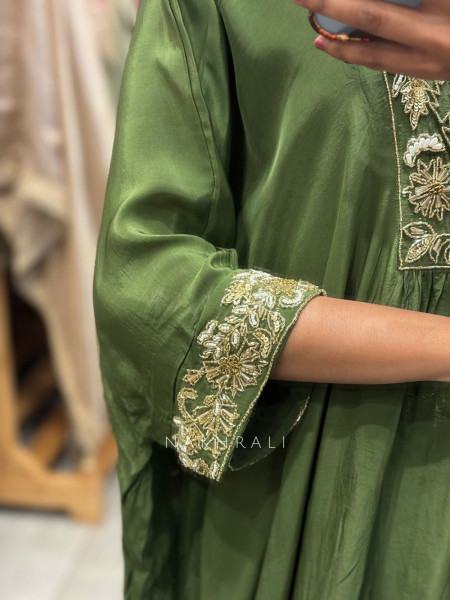 Lehar Green Kaftan Set with Sequin and Cut Dana Yoke and Sleeve Work