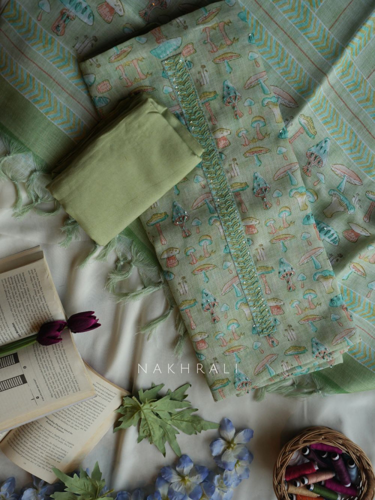 Image of Moksha Green Quirky Motif Dress Material with Embroidered Detail