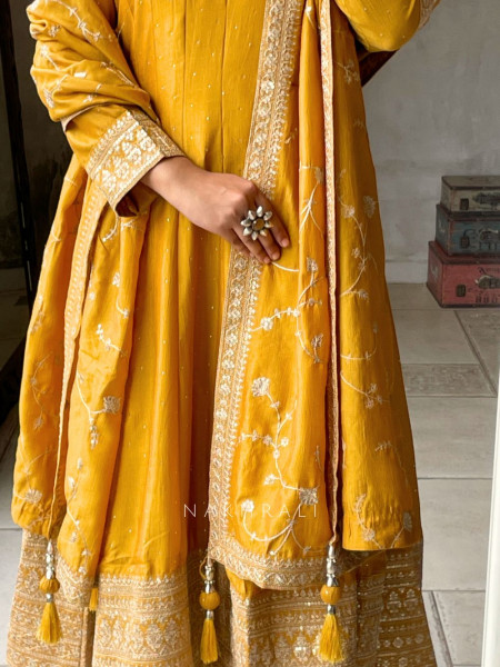 Golden Glow Mustard Anarkali Suit with Zari & Sequin Work