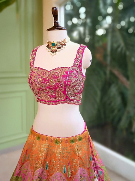 Vivira Pink & Orange Banarasi Lehenga with Zardozi Work