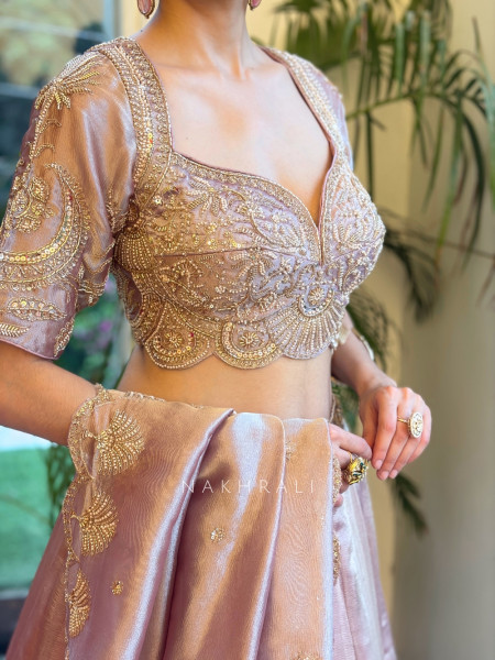Mrinalika Pink Tissue Silk Lehenga Set
