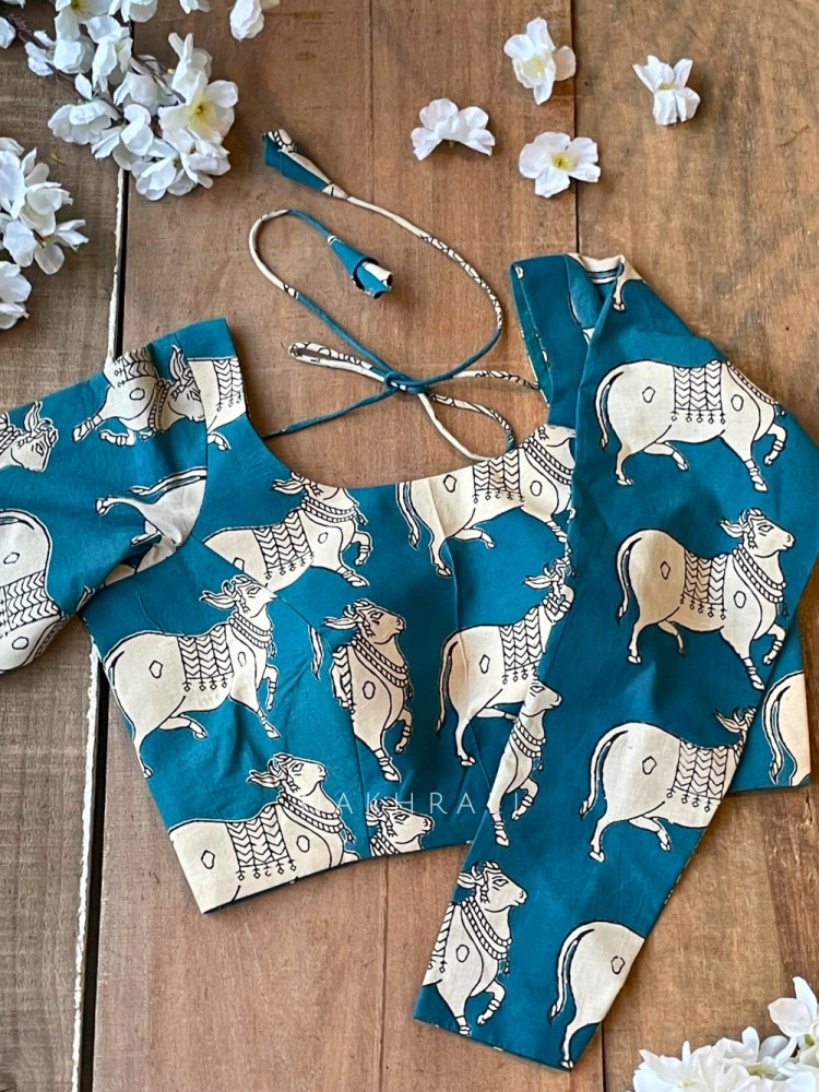 Image of Nandi Blue Cotton Printed Blouse