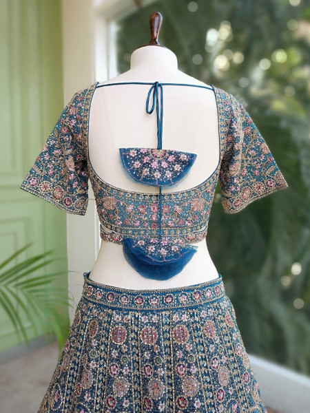 Regal Twilight Firozi Net Lehenga with Zari and Sequin Work