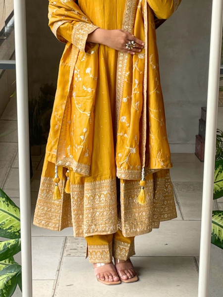 Golden Glow Mustard Anarkali Suit with Zari & Sequin Work
