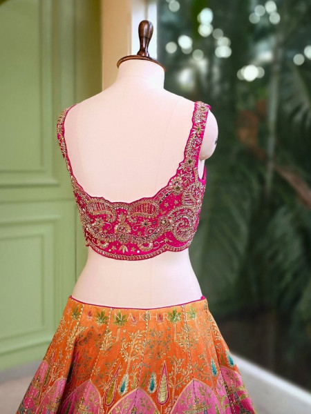Vivira Pink & Orange Banarasi Lehenga with Zardozi Work