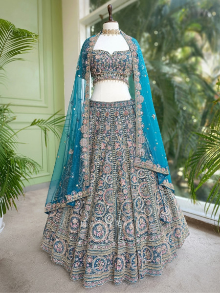 Regal Twilight Firozi Net Lehenga with Zari and Sequin Work