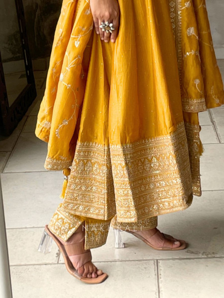Golden Glow Mustard Anarkali Suit with Zari & Sequin Work