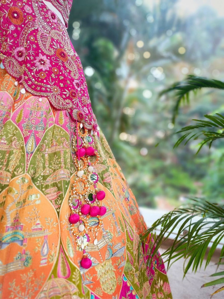 Vivira Pink & Orange Banarasi Lehenga with Zardozi Work