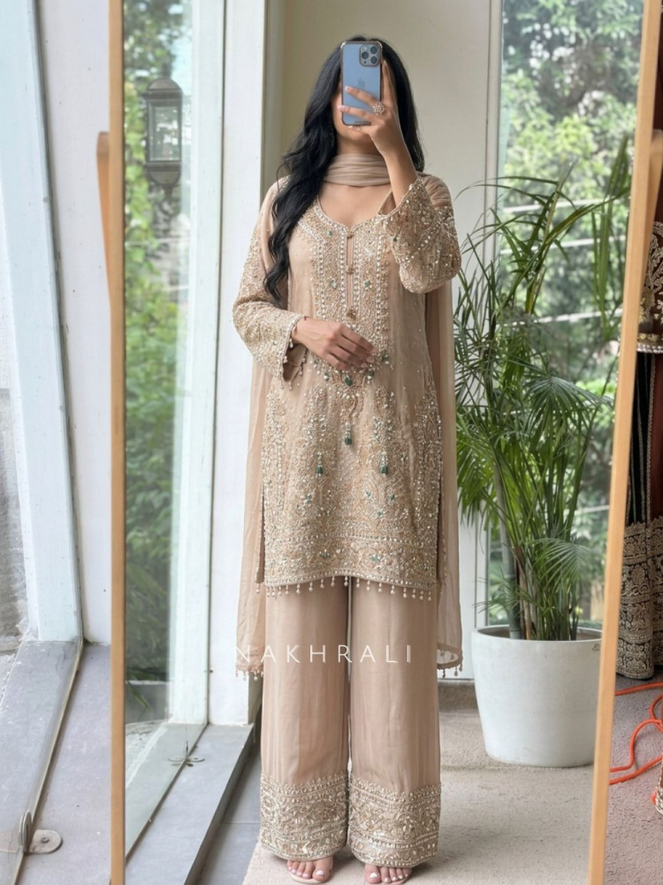 Image of Mrinalika Beige Georgette Suit Set