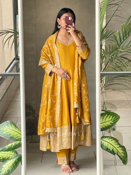 Golden Glow Mustard Anarkali Suit with Zari & Sequin Work