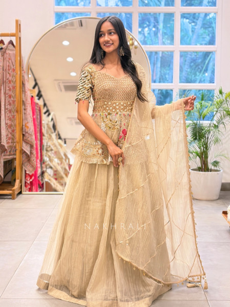 Rasika Golden Indo-Western Lehenga Set with Embroidered Peplum