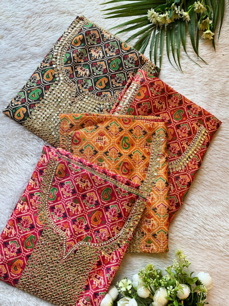 Rajvanshi Orange Multi-Color Dress Material with Mirror Work