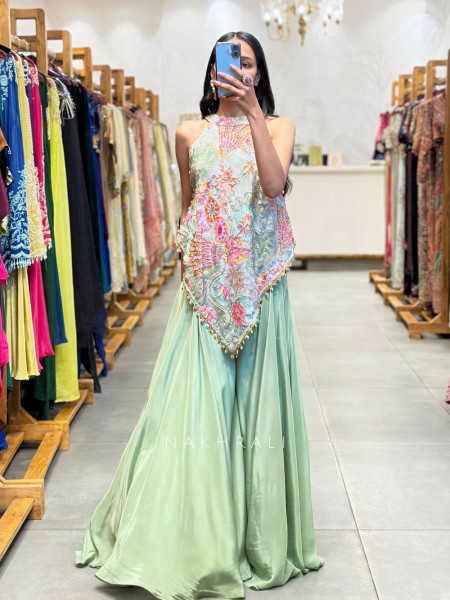 Floral Green Indo-Western Palazzo Set with Sequin Work