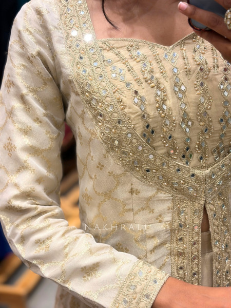 Kanakriti Beige Banarasi Tissue Silk – Indo-Western Suit Set