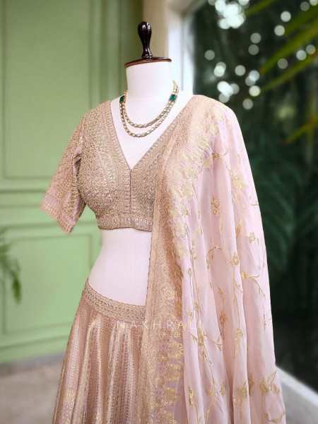 Aureline Rose Gold Dola Silk Lehenga Set with Gota Patti and Banarasi Detailing
