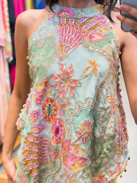 Floral Green Indo-Western Palazzo Set with Sequin Work