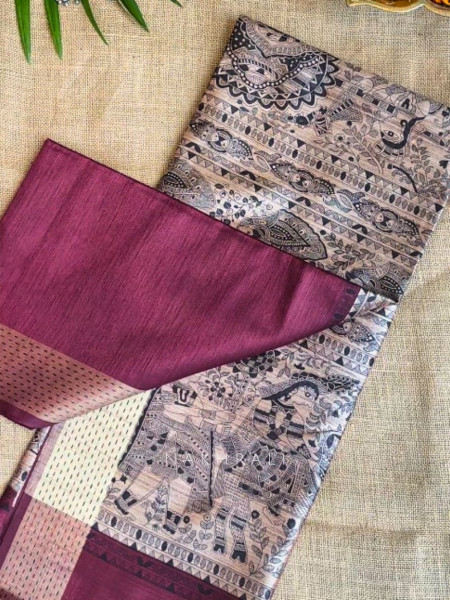 Kriti Tusser Maroon Madhubani  Saree