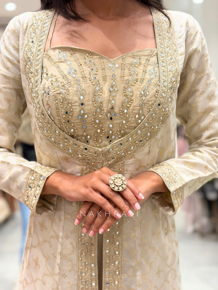 Image of Kanakriti Beige Banarasi Tissue Silk – Indo-Western Suit Set