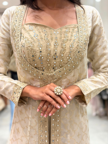 Kanakriti Beige Banarasi Tissue Silk – Indo-Western Suit Set