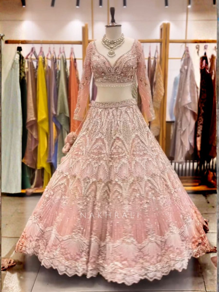 Cosmic Peach Net Lehenga with Beads Sequin and Pearl Work