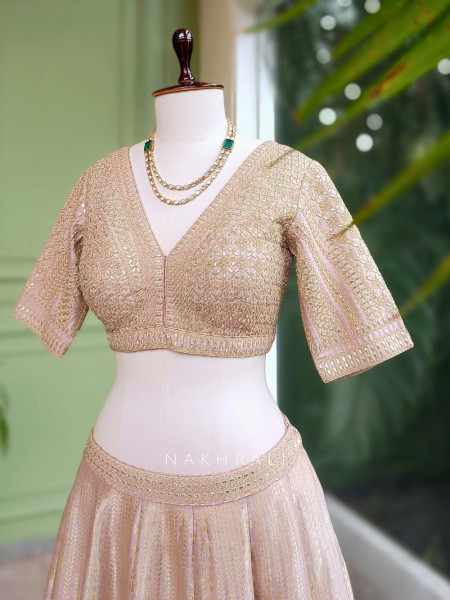 Aureline Rose Gold Dola Silk Lehenga Set with Gota Patti and Banarasi Detailing