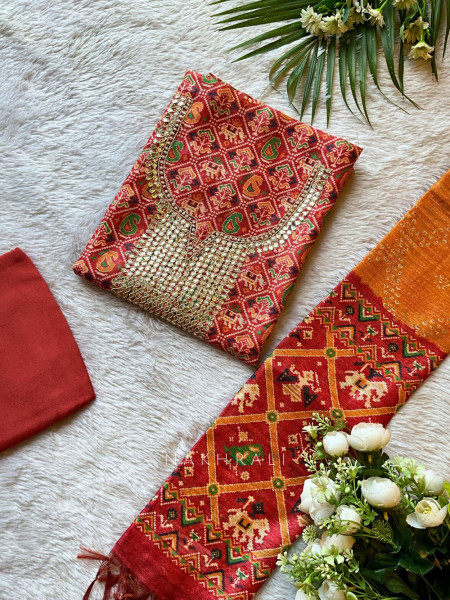 Rajvanshi Orange Multi-Color Dress Material with Mirror Work