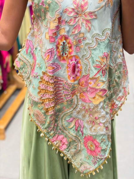 Floral Green Indo-Western Palazzo Set with Sequin Work