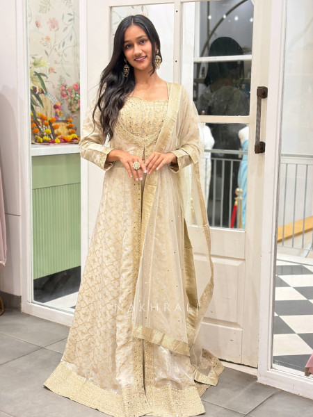 Kanakriti Beige Banarasi Tissue Silk – Indo-Western Suit Set