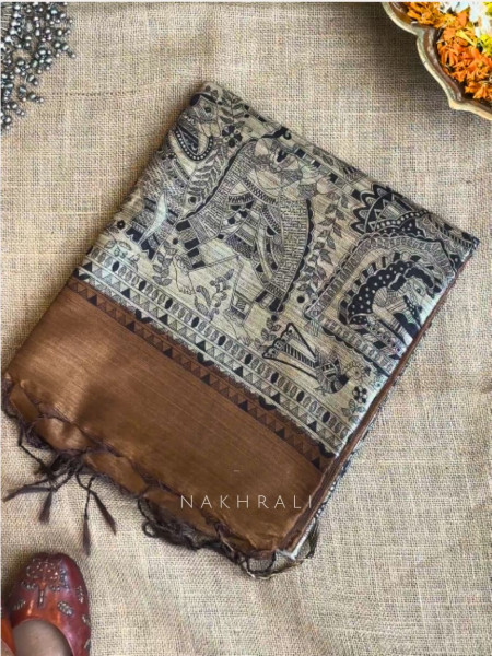 Kriti Tusser Brown Madhubani Saree