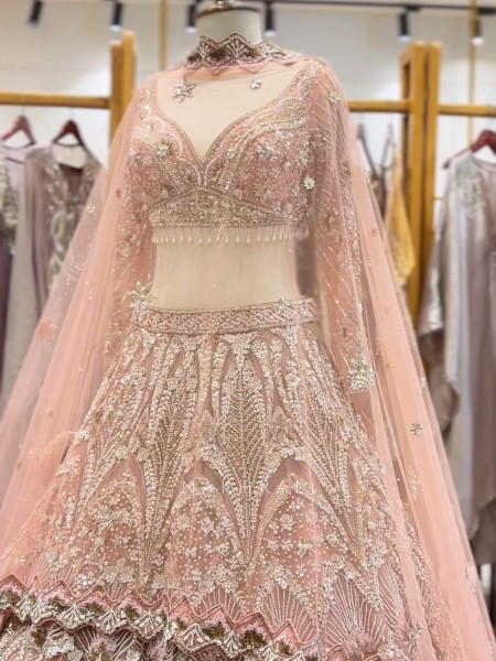Cosmic Peach Net Lehenga with Beads Sequin and Pearl Work