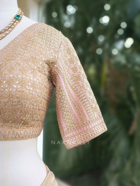 Aureline Rose Gold Dola Silk Lehenga Set with Gota Patti and Banarasi Detailing
