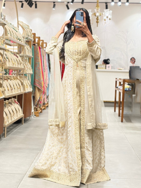 Kanakriti Beige Banarasi Tissue Silk – Indo-Western Suit Set