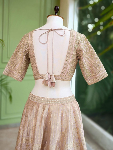 Aureline Rose Gold Dola Silk Lehenga Set with Gota Patti and Banarasi Detailing