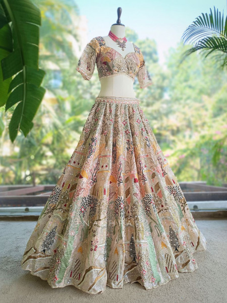 Kachhi dori Beige Lehenga Set with Sequin Thread Embroidery