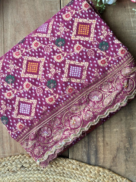 Nayan-noor wine Bandhani Saree with Zari Weave