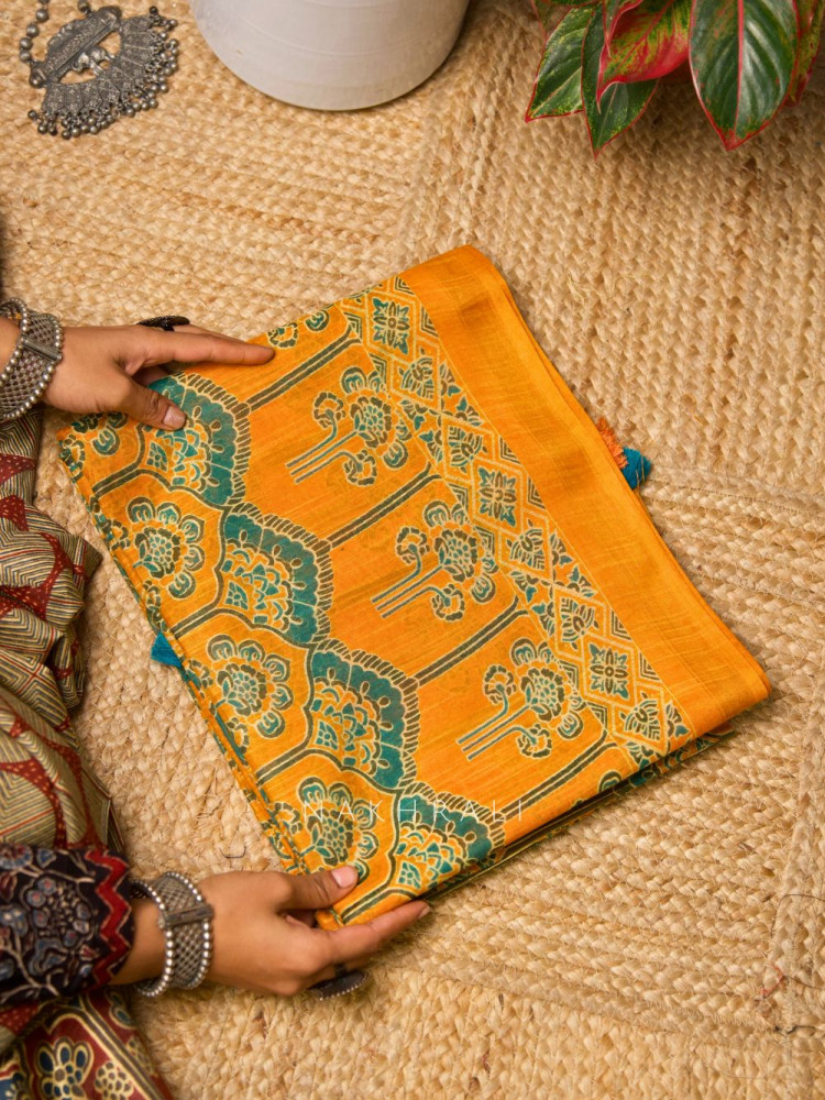 Image of Ishq Pech Mustard Cotton Silk Printed Saree