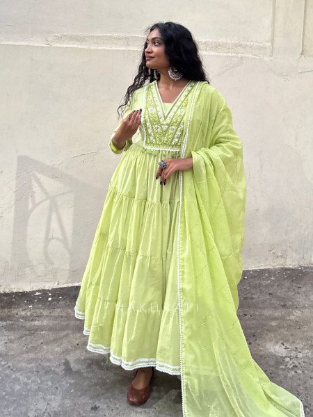 Sutra Green Anarkali Suit Set with Thread Embroidery and Dupatta